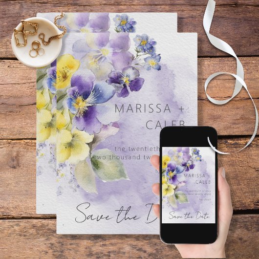 Lila und gelbe Blumen Moderne Hochzeit Save The Date