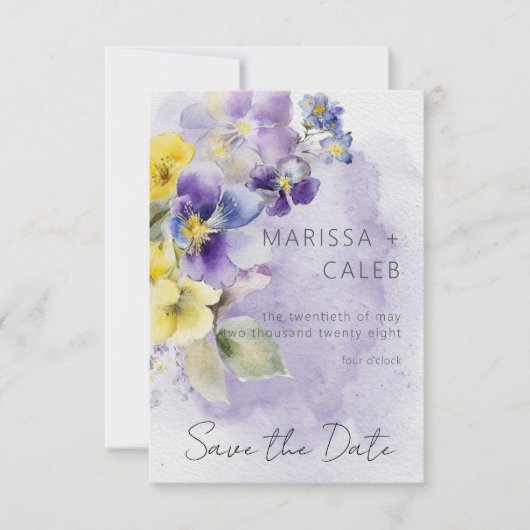 Lila und gelbe Blumen Moderne Hochzeit Save The Date (Vorderseite)