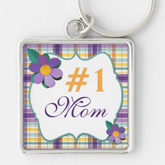 Lila und gelbe Blüte auf Karierter Mama Schlüssela Schlüsselanhänger (Vorne)