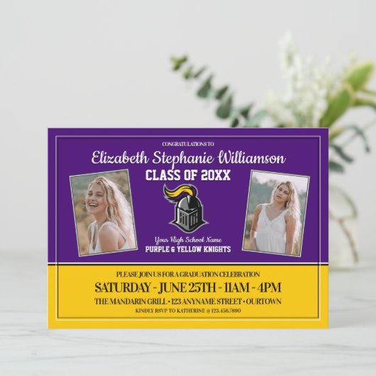 Lila und gelbe Graduiertenparty Einladung (Stehend Vorderseite)