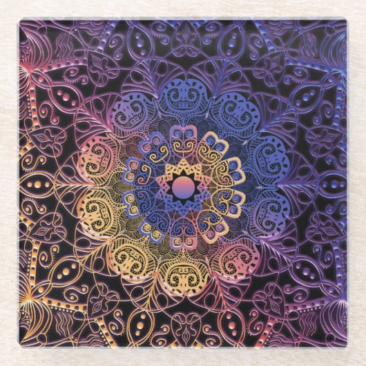 Lila und gelbe Mandala: handgezeichnet Design Glasuntersetzer (Vorderseite)