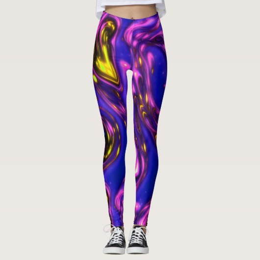 Lila und gelbe Neon Liquid Art Abstrakt Leggings (Vorderseite)