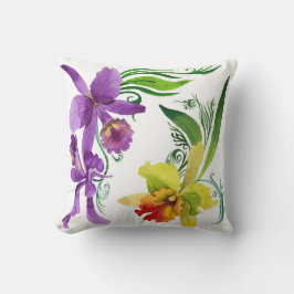 Lila und gelbe Orchideen-Blumen-Wasserfarbe Kissen