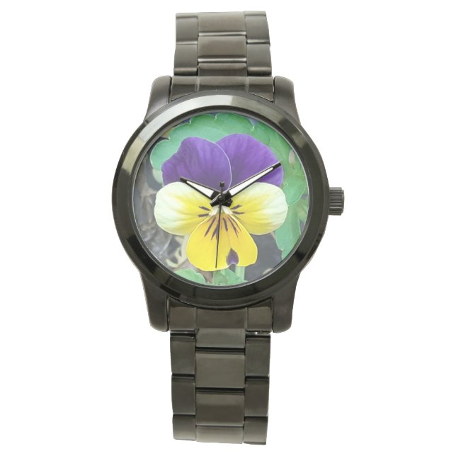 Lila und gelbe Pansy-Uhr Armbanduhr (Vorderseite)