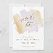 Lila und gelbe Pinselstriche, minimale Hochzeiten Save The Date (Vorderseite)
