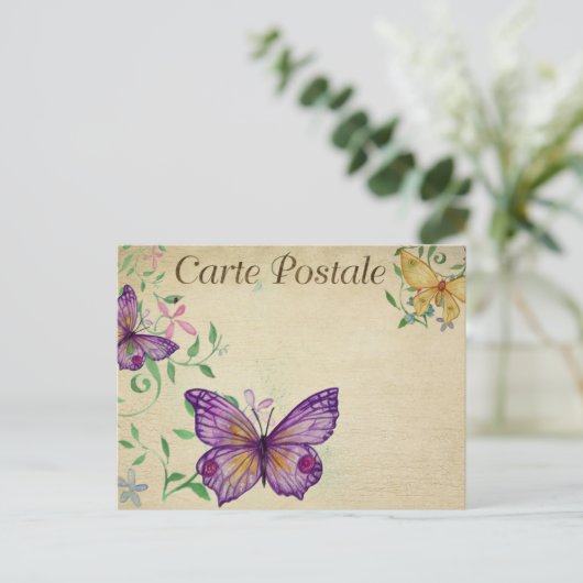 Lila und gelbe Vintage Schmetterlinge Postkarte (Stehend Vorderseite)