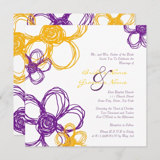 Lila und gelbe wild lebende Blume Einladung Hochze (Vorne/Hinten)