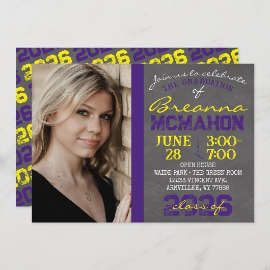 Lila und gelber Abschluss mit Chalkboard Einladung