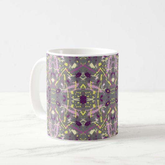 Lila und gelber Paint-Spritzer Kaffeetasse (Vorderseite Links)