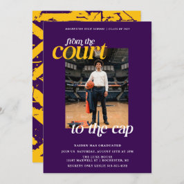 Lila und gelber Sportler Basketball Abschluss Einladung