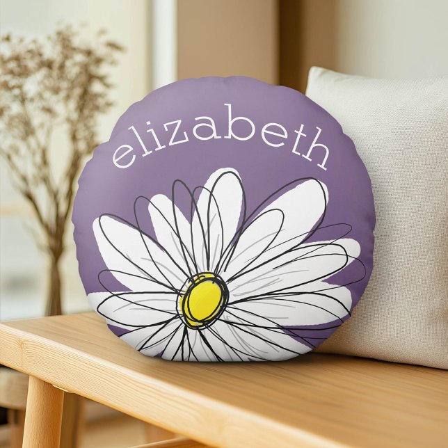 Lila und gelber weißlicher Daisy-Text Rundes Kissen (Custom Pillow)