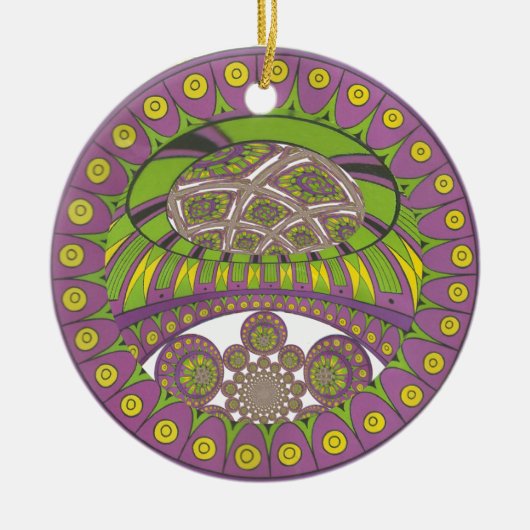 Lila und gelbes Kaleidoskop Keramikornament (Vorne)