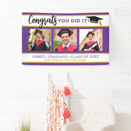 Lila und Gold 3 Foto Collage Glückwunschs Grad 202 Banner (Insitu)