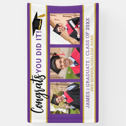 Lila und Gold 3 Foto Collage Glückwunschs Grad 202 Banner (Vertikal)
