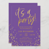 Lila und Gold 50. Geburtstagsparty Einladung (Vorne/Hinten)