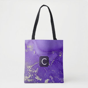 Lila und Gold Alcohol Ink Flüssigkunst Monogramm Tasche