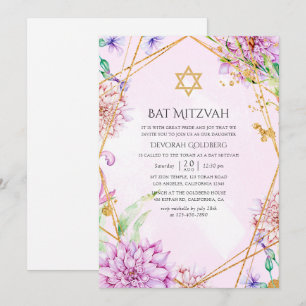 Lila und Gold Blumen Geometrische Bat Mizwa Einladung