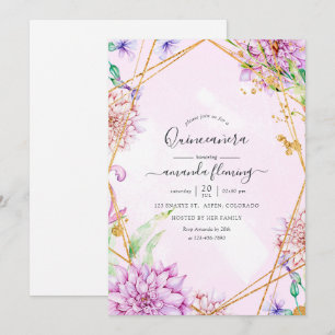 Lila und Gold Blumen Geometrische Quinceañera Einladung
