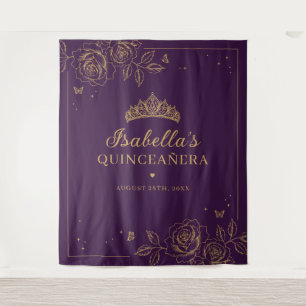 Lila und Gold Blumen Quinceañera Wandteppich
