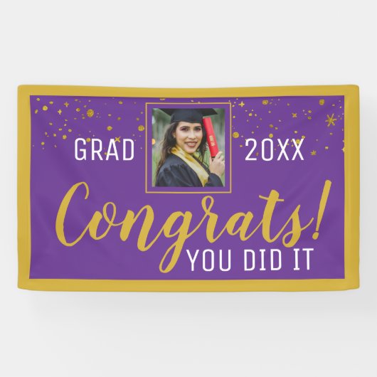 Lila und Gold Confetti Glückwunsch Grad 2020 Foto Banner (Horizontal)