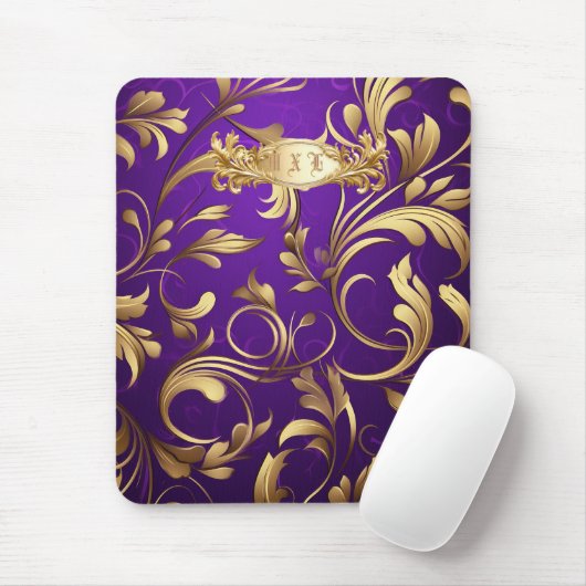 Lila und Gold Damask Mit Monogramm Mousepad (Mit Mouse)