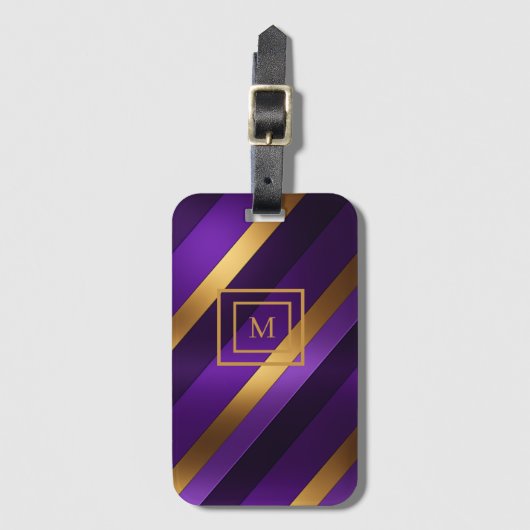 Lila und Gold Diagonal gestreift Mit Monogramm Gepäckanhänger (Vorderseite Vertikal)