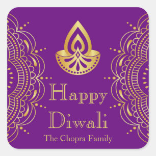 Lila und Gold Diwali Gastgeschenk Quadratischer Aufkleber
