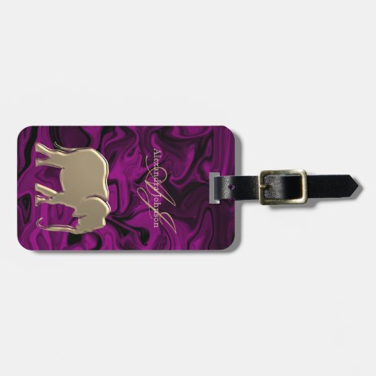 Lila und Gold Elefant Elegant Mit Monogramm Gepäckanhänger (Vorderseite horizontal)