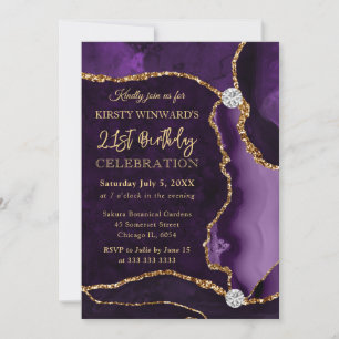 Lila und Gold Faux Glitter Achat Geburtstag Einladung