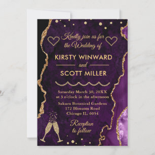 Lila und Gold Faux Glitter Achat-Marmor-Hochzeit  Einladung