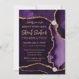 Lila und Gold Faux Glitter Achat Sweet 16 Einladung