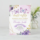 Lila und Gold Floral Butterfly Baby Dusche Einladung (Stehend Vorderseite)