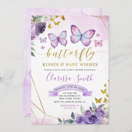 Lila und Gold Floral Butterfly Baby Dusche Einladung (Vorne/Hinten)