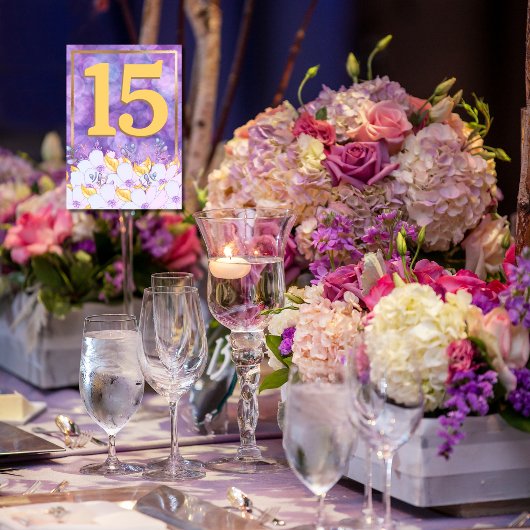 Lila und Gold Floral Gold Gerahmte Tischtafel Tischnummer