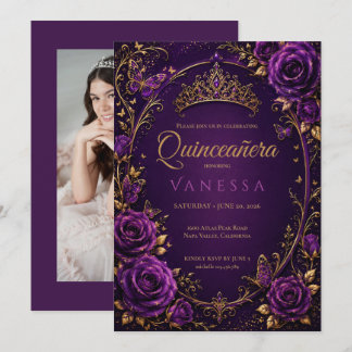 Lila und Gold Foto Quinceanera Einladung