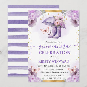 Lila und Gold Frühlingsregenschirm Quinceanera Einladung