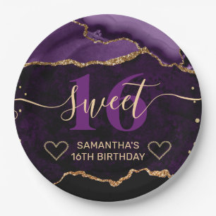 Lila und Gold Glitter Achat Murmel Sweet 16 Pappteller