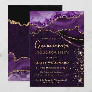 Lila und Gold Glitter Achat Quinceanera Einladung