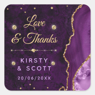 Lila und Gold Glitter Achat- und Marmor-Hochzeit Quadratischer Aufkleber