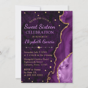 Lila und Gold Glitter Achat und Marmor Sweet 16 Einladung