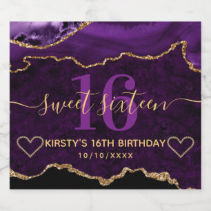 Lila und Gold Glitter Agate Murmel Sweet Sixteen Schaumweinetikett
