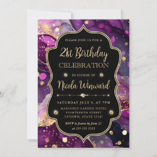 Lila und Gold Glitter Alkoholtinte 21. Geburtstag Einladung
