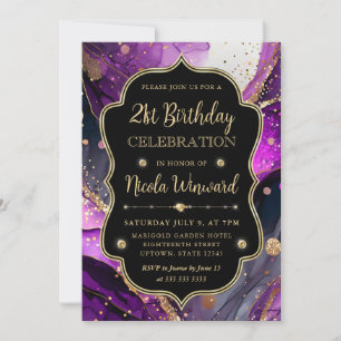 Lila und Gold Glitter Alkoholtinte 21. Geburtstag Einladung