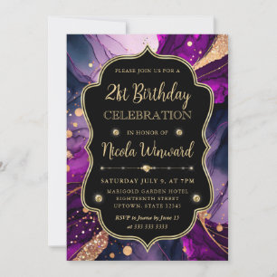 Lila und Gold Glitter Alkoholtinte 21. Geburtstag Einladung