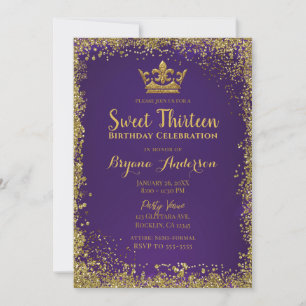 Lila und Gold Glitter-Krone Sweet 13 Party Einladung