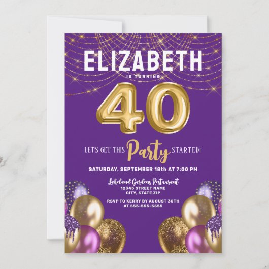 Lila und Gold Glitzer Balloons 40. Geburtstag Einladung (Vorderseite)