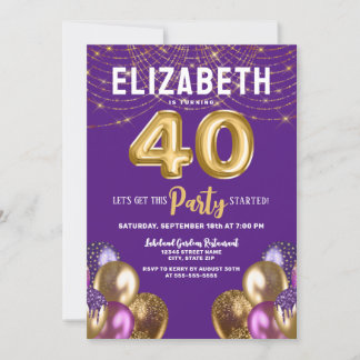 Lila und Gold Glitzer Balloons 40. Geburtstag Einladung