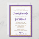 Lila und Gold Glitzer Rectangle Bat Mitzvah Einladung<br><div class="desc">Dieses trendige Bat Mitzvah-Angebot besticht durch funkelnden Imitat-Glitzer,  der auf einem soliden Farbhintergrund liegt. Verwenden Sie das Vorlagenformular,  um Ihre eigenen Informationen hinzuzufügen. Die Funktion "Anpassen" kann verwendet werden,  um den Stil,  die Farbe und das Layout des Schriftartes zu ändern.</div>