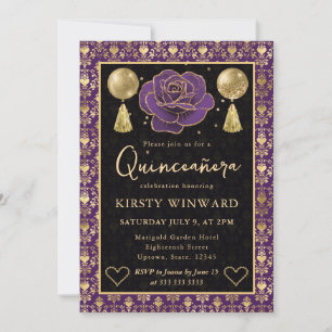 Lila und Gold Herz Damast & Rose Quinceanera Einladung