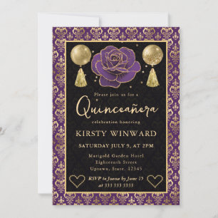 Lila und Gold Herz Damast & Rose Quinceanera Einladung